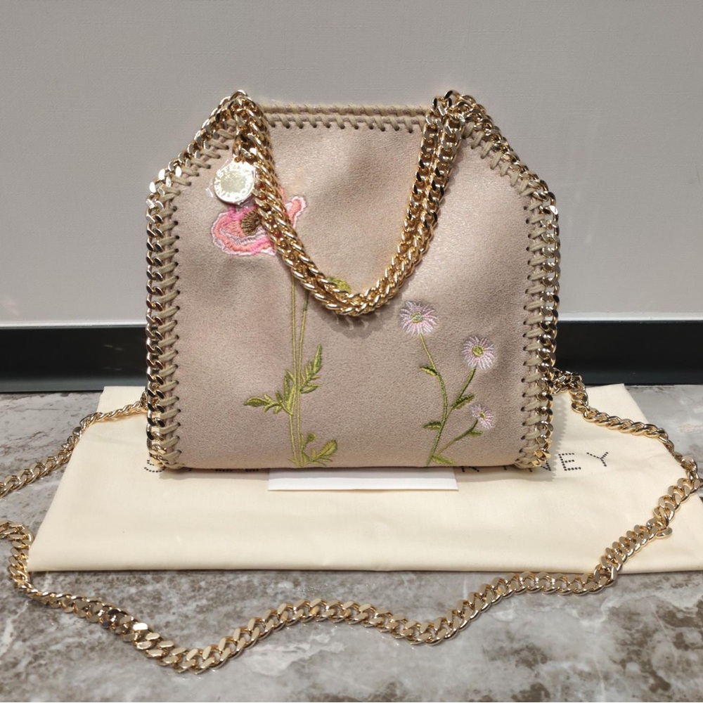 Stella McCartney Beige Floral Embroidered Shoulder Bag with Gold Chain
